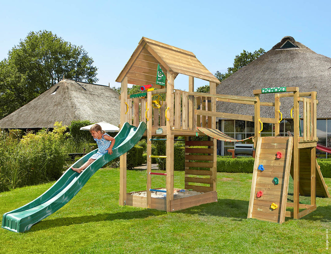 Jungle Cabin | Wooden climbing frame with slide & clatter bridge