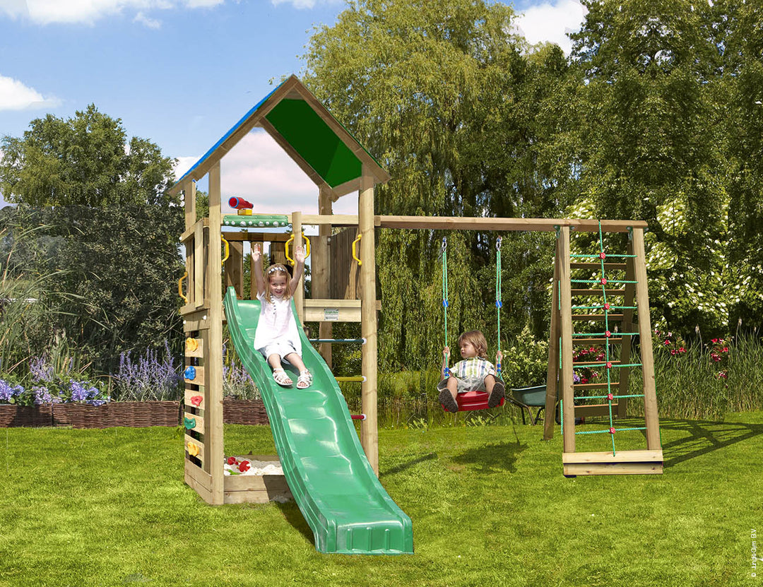 Jungle Lodge | Wooden climbing frame with swing & climbing net