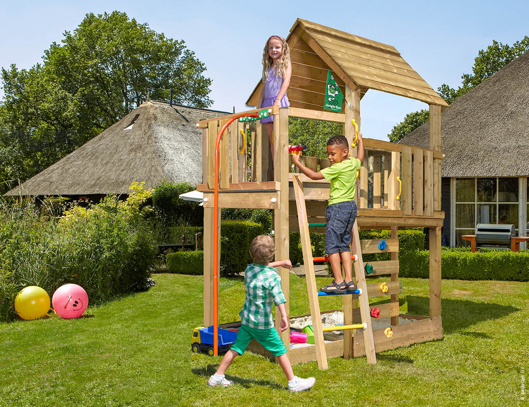 Jungle Cubby | Wooden climbing frame with fireman's pole